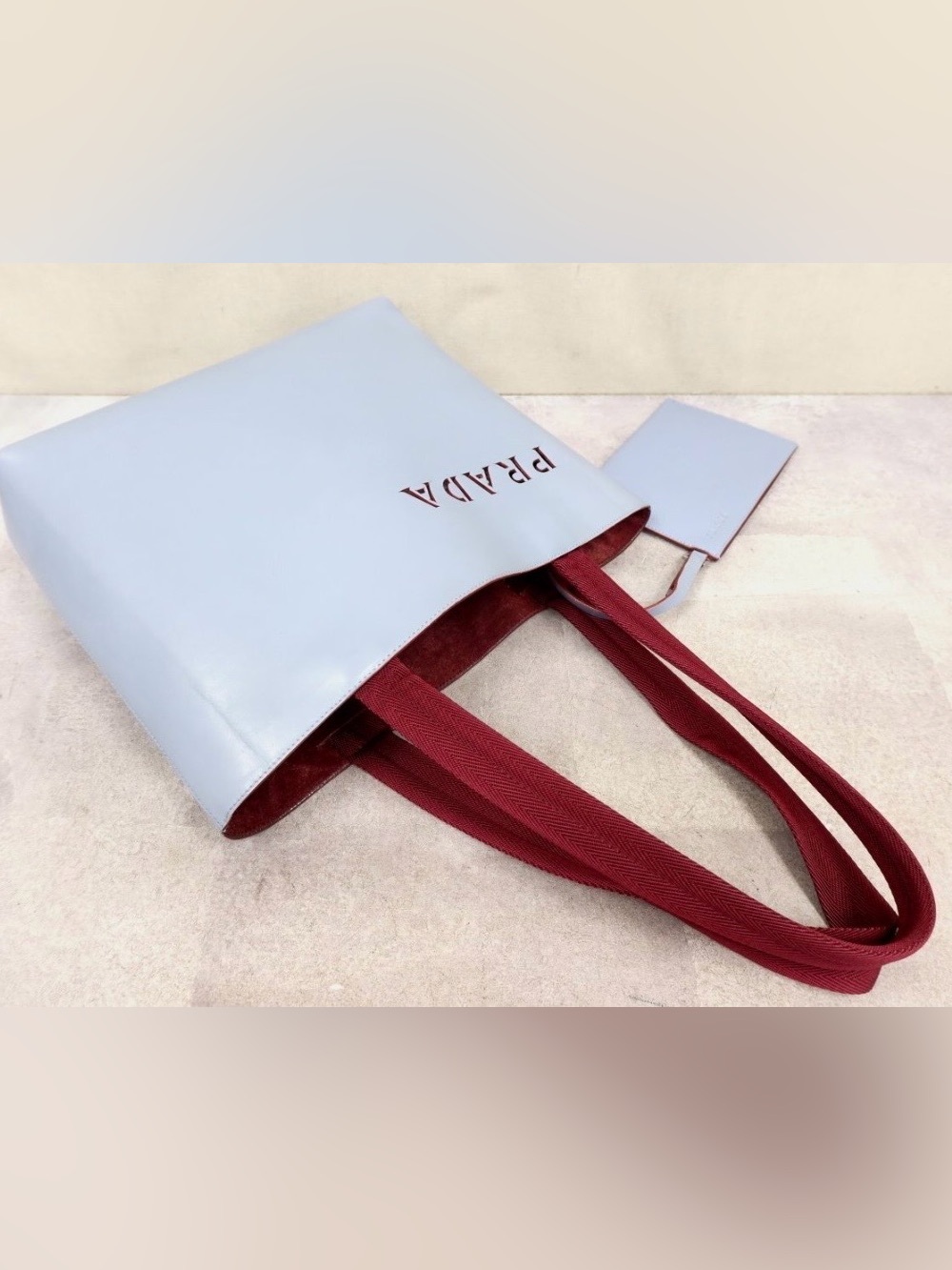 Prada Powder Blue Leather Tote with Burgundy Straps